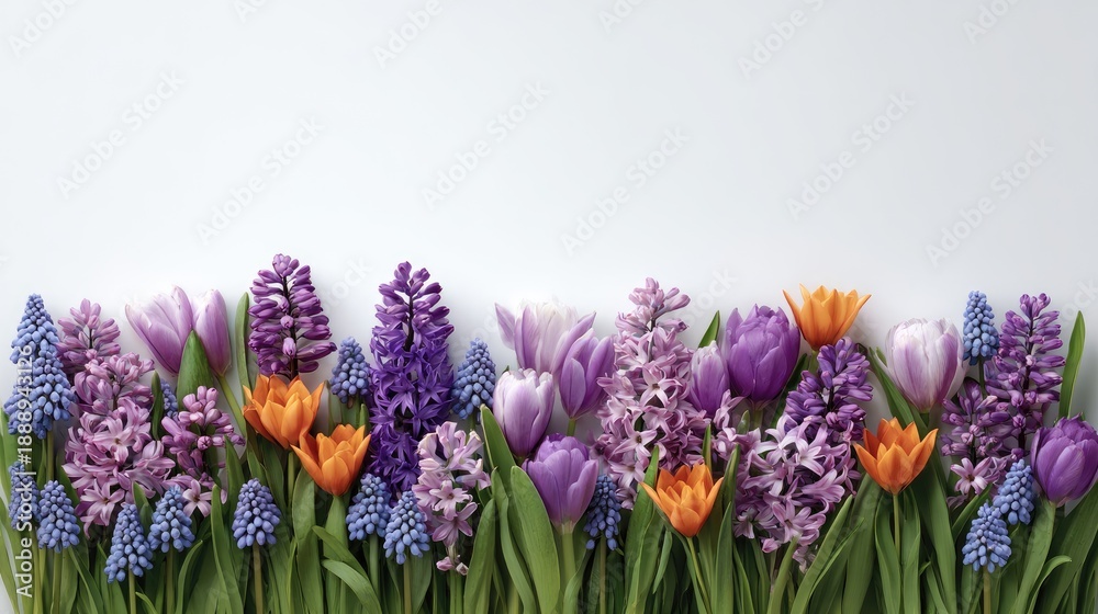 Fototapeta premium Colorful Floral Arrangement with Purple and Orange Blooms Against a Clean White Background for Spring and Seasonal Decor