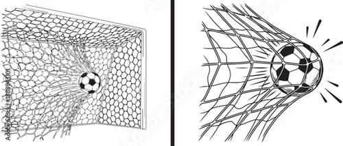 High-energy black and white vector illustrations showing a soccer ball bulging the back of the net, perfectly capturing the peak physical impact of a successful goal.