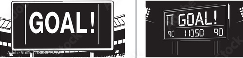 A black and white vector illustration of stadium scoreboards displaying "GOAL!" during a match, capturing the climactic excitement of a scoring moment in professional soccer.