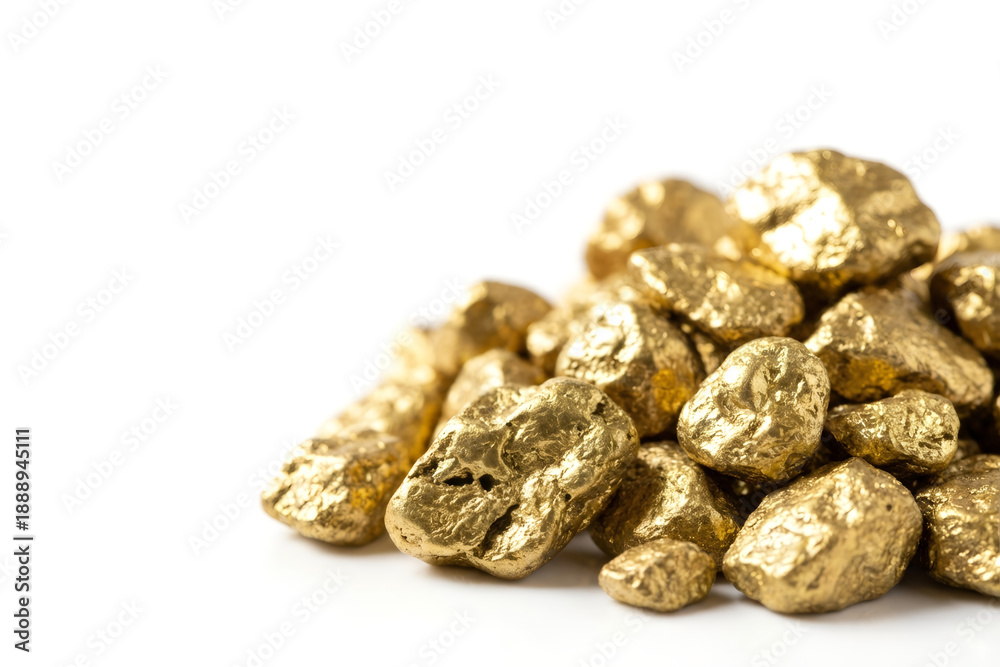 Obraz premium Pile of gold nuggets on a white background. Banner template of secure storage, growth of stocks, wealth, financial security, mining, and investment asset concept with copy space.
