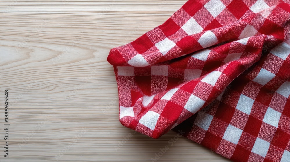 Obraz premium Red and White Checkered Tablecloth Draped Elegantly on a Light Wooden Surface for Cozy Dining or Picnic Themes
