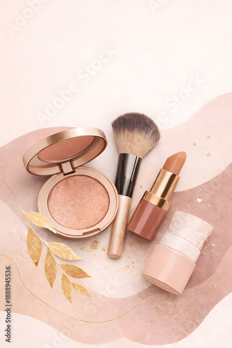 Luxury makeup cosmetics flat lay with rose gold highlighter, brush and lipstick on soft nude background