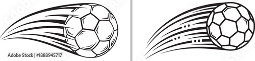 High-energy black and white vector sketches of soccer balls flying through the air with dynamic speed trails, capturing the intense power and movement of a fast-paced athletic shot.