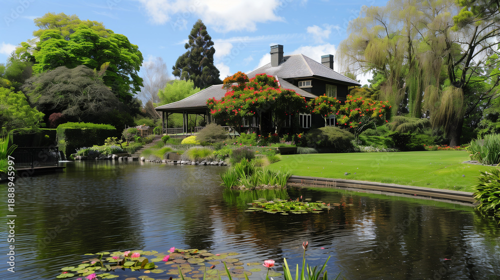 Obraz premium Mona Vale - Beautiful House & Garden, Christchurch. The beautiful Mona Vale gardens - five and a half hectares of gardens and landscaped lawns, gently rolling down to the Avon river. Located just five
