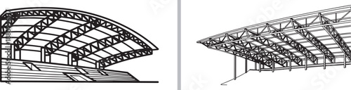 A black and white vector illustration showcasing two technical architectural views of a stadium's grandstand roof structures, featuring intricate steel trusses and tiered seating sections.