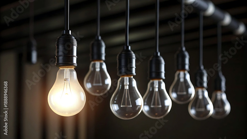 Single illuminated bulb among a row of unlit bulbs