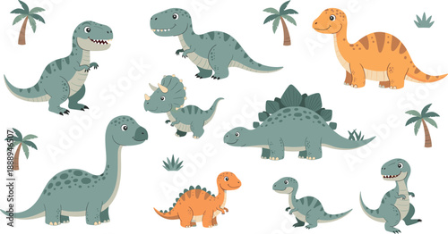 Cute Cartoon Dinosaur Vector Set with Friendly Prehistoric Characters and Palm Trees for Kids Education Learning Nursery and Children Design Projects