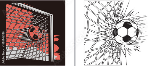 High-energy vector illustrations showing a soccer ball hitting the net with explosive force. Features a stylized red-and-black version and a dynamic black-and-white line art sketch.