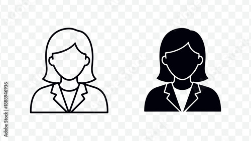 Black and white line icons of two businesswomen, outline and solid fill, for website, app, presentation, or social media isolated on Transparent Background