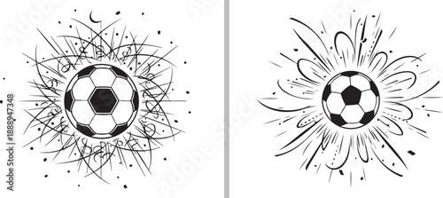 Two black and white vector soccer ball designs featuring dynamic, explosive line art and abstract swirls that convey high-energy motion and athletic impact.