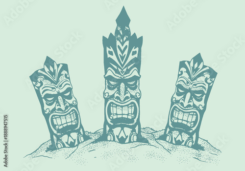 Three Stylized Carved Tiki Totem Faces, Vector Illustration, Print Ready