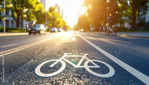 Bicycle lane marking on asphalt street with bright afternoon sunlight and blurred urban background