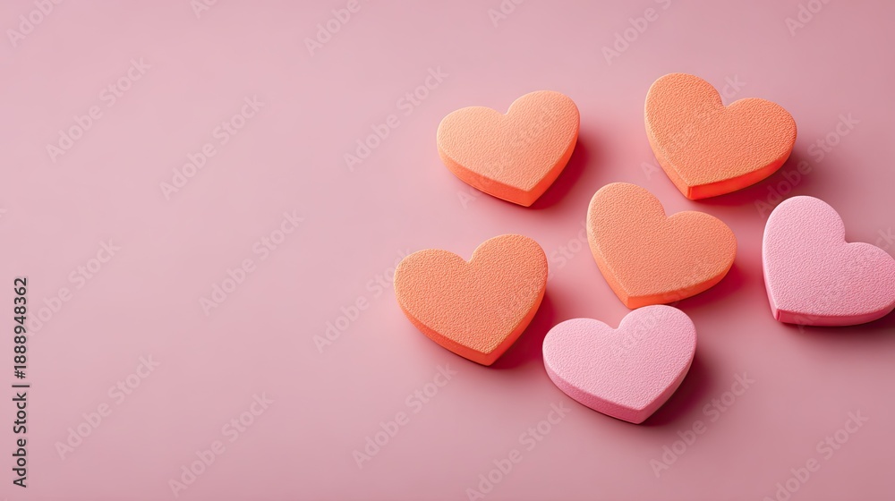 Obraz premium Colorful Heart-Shaped Foam Sponges on a Soft Pink Background for Creative Projects and Crafts