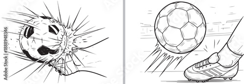 A two-panel vector illustration showing a soccer ball being kicked. One side captures a high-impact strike with explosion lines, while the other shows a clean follow-through on the field.