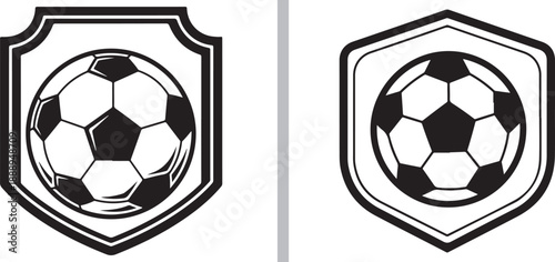 A set of two minimalist black and white vector crests featuring a classic soccer ball centered within bold shield outlines, perfect for sports logos, team emblems, or athletic branding.