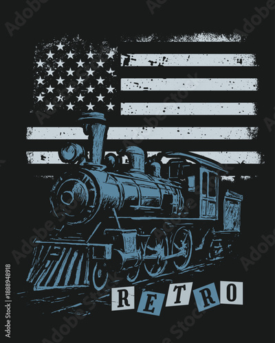 Vintage Steam Locomotive Illustration In Retro Style, Vector Illustration, Print Ready.