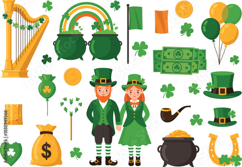 St Patricks Day icons with leprechauns shamrocks rainbow pot of gold coins flag and festive celebration elements