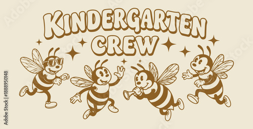 Four Playful 80s Cartoon Style Bees Kindergarten Crew Characters, Vector Illustration, Print Ready.