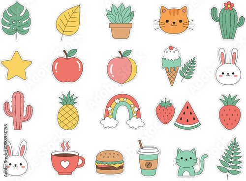 Cute colorful doodle stickers with fruits plants animals coffee burger and fun elements perfect for planners and kids designs