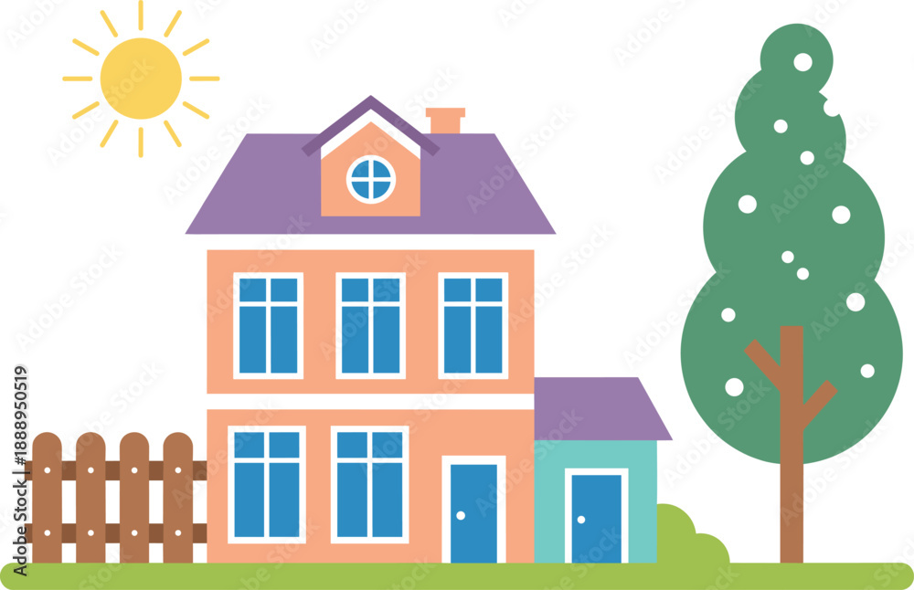 Naklejka premium Modern family house exterior with sunny sky tree fence and green yard perfect for real estate illustration design