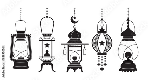 Vintage hanging oil lamps and lanterns with decorative chains for ramadan festival and religious events