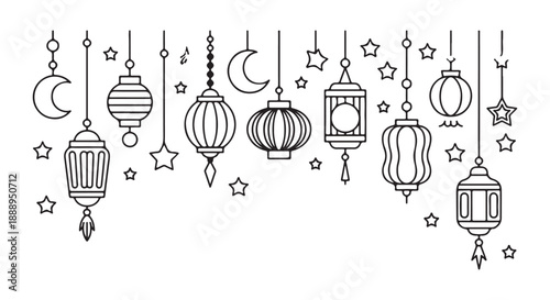 Hand drawn ramadan lanterns and moons hanging from top edge for creative islamic holiday greeting cards art