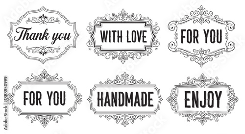 Elegant hand drawn thank you labels with decorative frames isolated