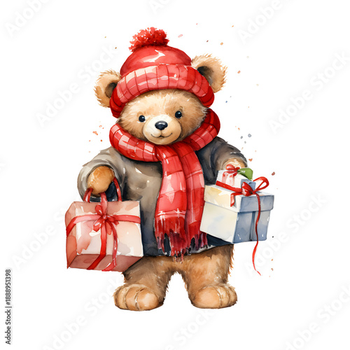 Cute Christmas teddy bear holding gifts watercolor illustration with transparent background