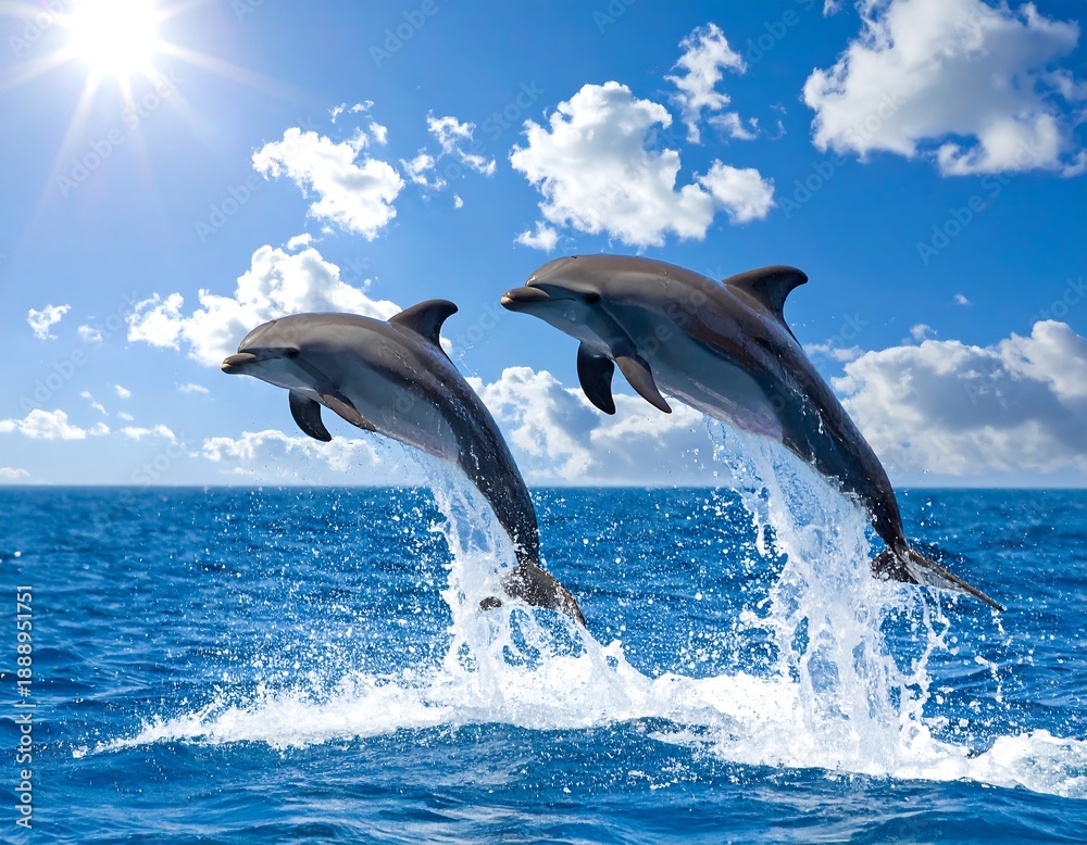 Fototapeta premium Two dolphins jumping out of the ocean on a sunny day (1)