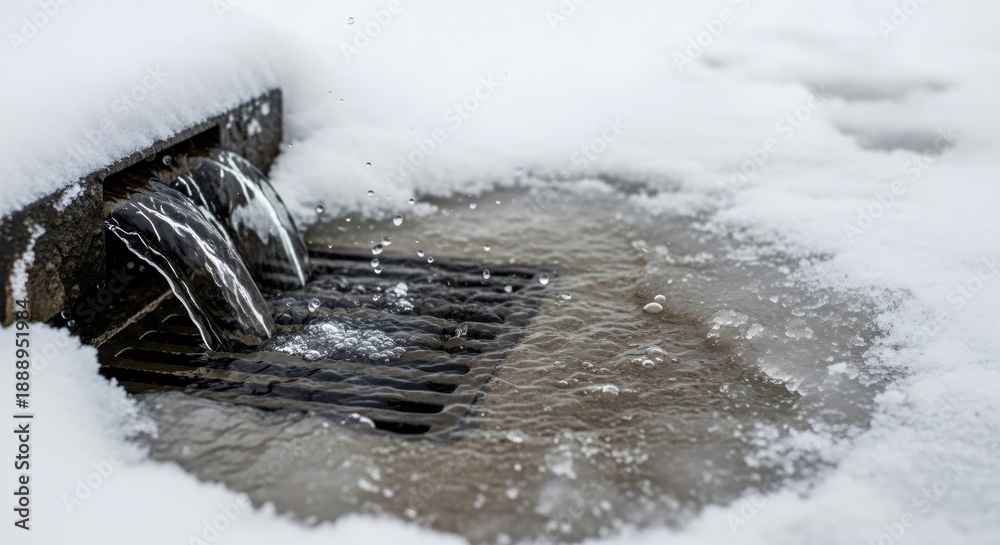 Fototapeta premium Water flowing from under snow into a drain. Melting snow in winter. Spring thaw concept in cold weather for environment story.