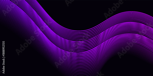 Abstract background with waves for banner. Medium banner size. Vector background with lines. Element for design isolated on black. Colorful gradient. Blue, purple, pink