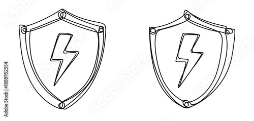 Electric protection concept illustration, shield with lightning bolt icon in one line art style, editable black stroke vector, EPS format, symbol of electrical safety and energy protection.