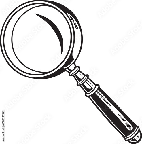 Black and White Vintage Magnifying Glass Woodcut Style Illustration