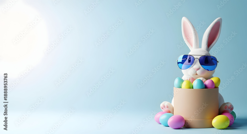 Fototapeta premium Easter bunny wearing sunglasses and sitting in a bucket with colorful easter eggs on easter day