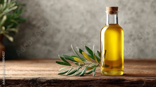 Elegant glass bottle of golden olive oil on rustic wooden table with green olive branch, soft sun-bleached wall in the background, ideal for culinary and lifestyle imagery