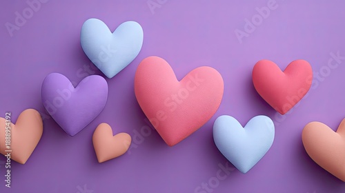 Colorful Heart Shapes on Purple Background, Soft Textures and Playful Arrangement Conveying Love, Affection, and Romance for Various Themes