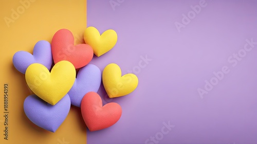 Colorful Foam Hearts on a Vibrant Background for Valentine's Day or Romantic Themes in Bright Shades of Yellow, Purple, and Red