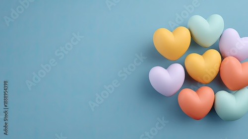 Colorful hearts arranged on a light blue background, perfect for conveying emotions, love, and joy in a creative design or artistic concept
