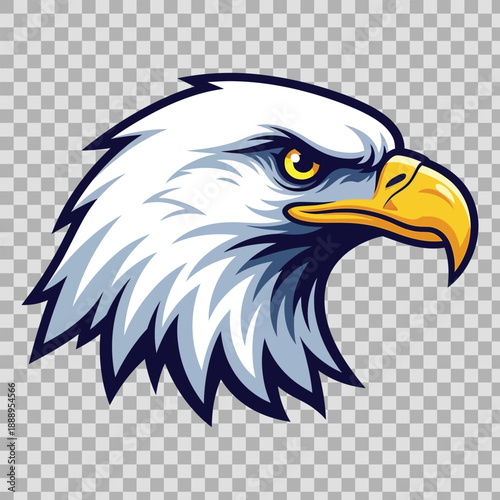 A closeup illustration of a bald eagles head with a checkered background