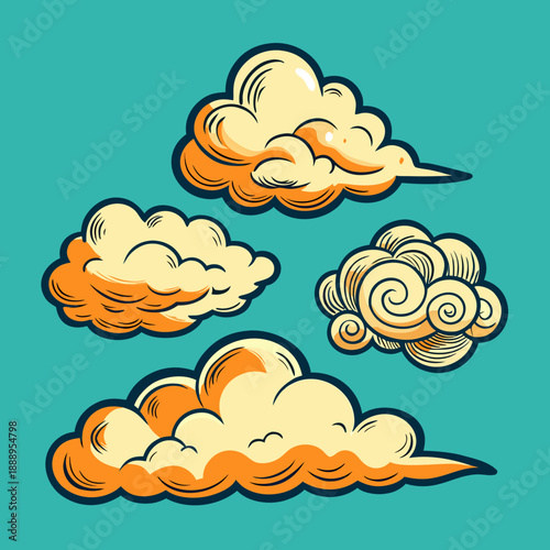 Four cartoonish orange and yellow clouds on teal background