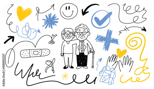 Doodle icons set, representing senior care, health, and well-being, featuring hearts and hands, hand-drawn style, vector illustrations for healthcare and support concepts.