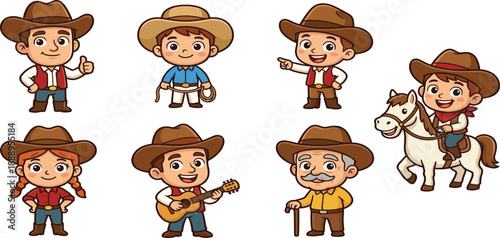 Set of Cute Cartoon Cowboy Characters Including Cowgirl and Old Rancher Playing Guitar Riding Horse Holding Lasso and Giving Thumbs Up for Western Design