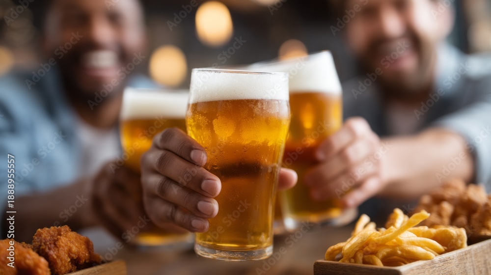 custom made wallpaper toronto digitalThree friends raise their glasses filled with golden beer, sharing laughter and delicious snacks during a lively evening at a welcoming bar. The warm atmosphere enhances their joy