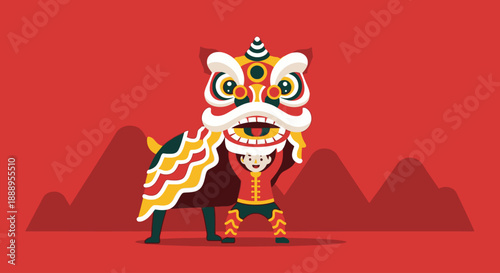 Vibrant Lion Dance Performance in Front of Majestic Mountains, Vector Illustration, Cultural Celebration, Artistic Expression, Festive Atmosphere