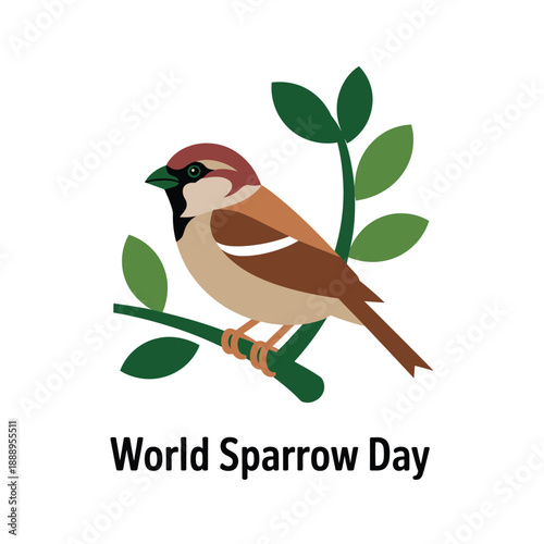 Sparrow perched on branch with green leaves World Sparrow Day illustration