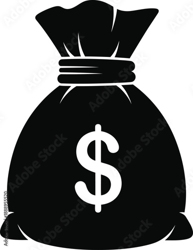 A black money bag with a white dollar sign on a plain white background
