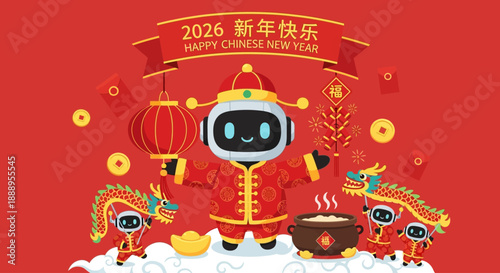 Robot Celebrating Chinese New Year with Lanterns and Dumplings in Vibrant Red Setting