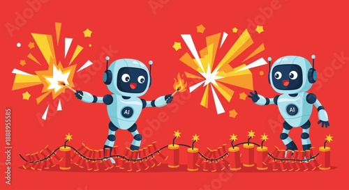 Two robots celebrating with fireworks in a festive environment viewed from the front