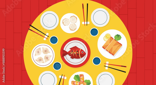 Traditional Asian cuisine served on a round yellow table with dishes and chopsticks on a red background