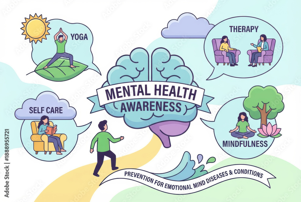 Fototapeta premium Mental health awareness support therapy meditation anxiety stress homework editable mental health awareness support therapy meditation anxiety stress collage encourages Mental Health Management